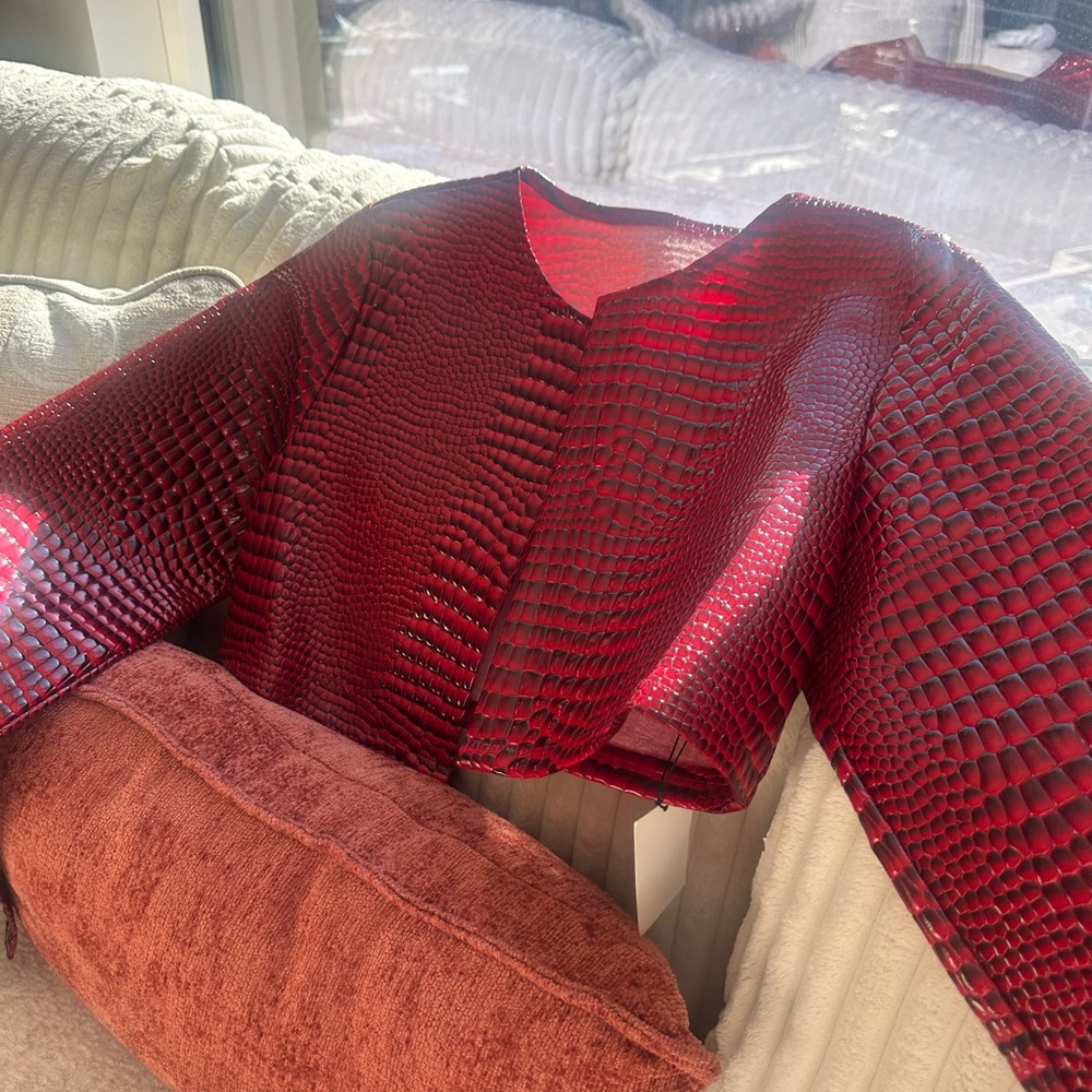 Red Croc-Embossed Open-Front Jacket